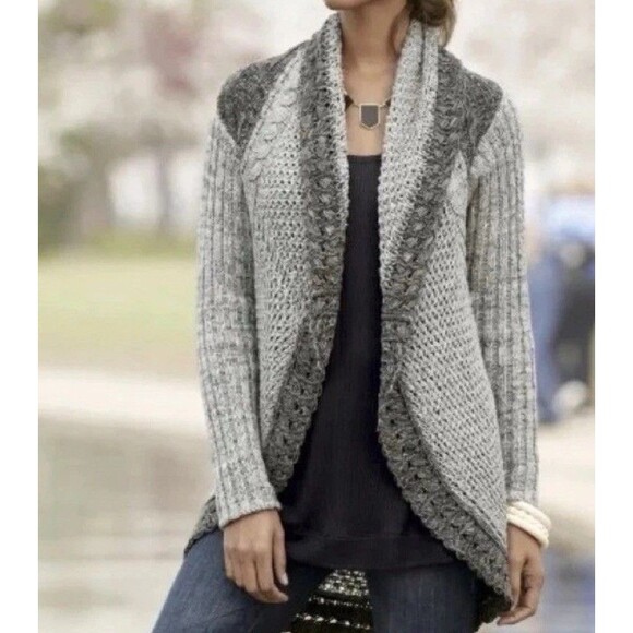 Cabi Gray Open Front Round Hem Open Knit Cardigan Sweater Med Y2K Grunge Boho - Picture 1 of 15